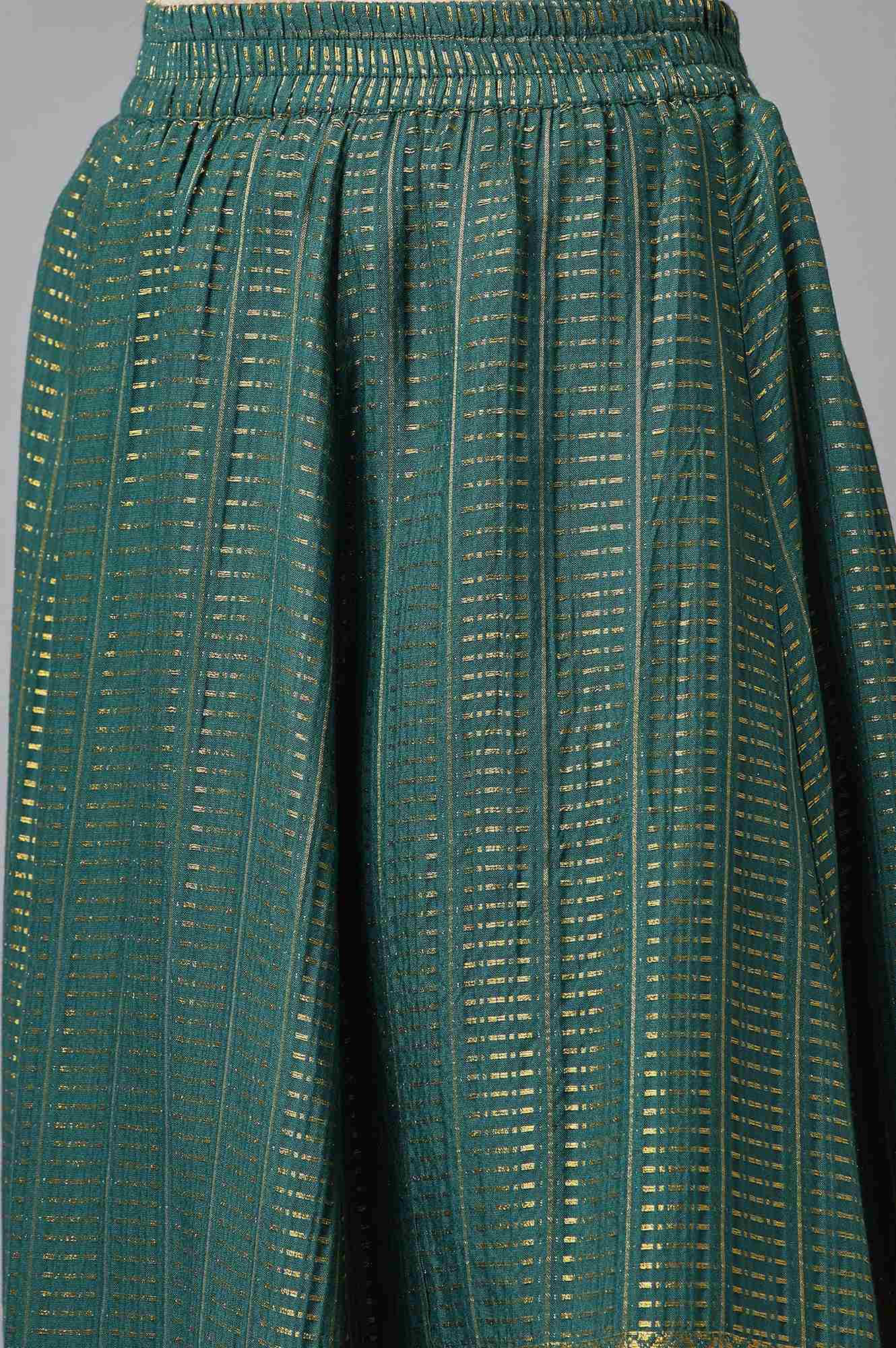 Green Dobby Printed Flared Silk Skirt With Elasticated Waist