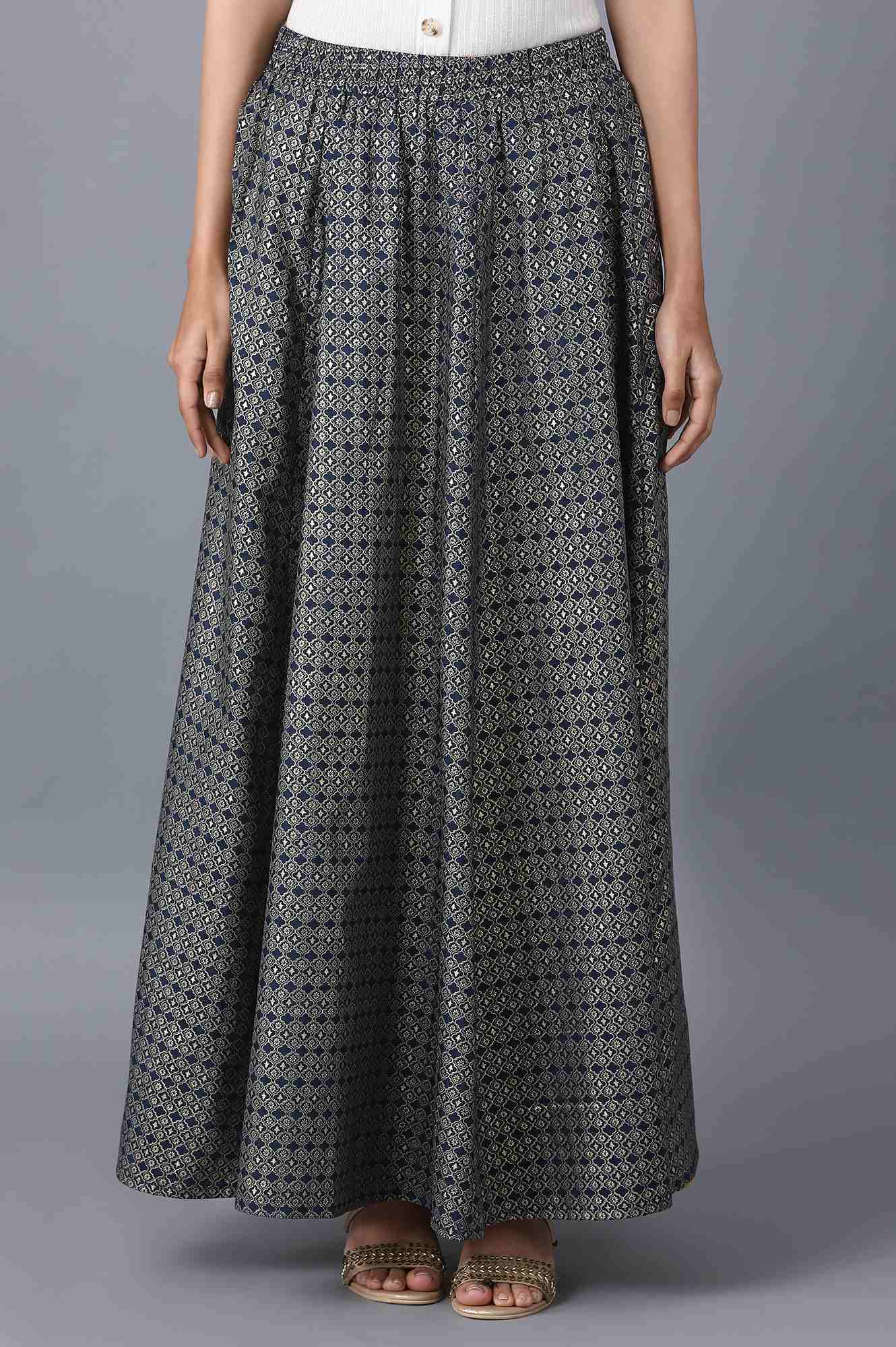 Navy Blue Floral Printed Flared Woven Skirt With Elasticated Waist