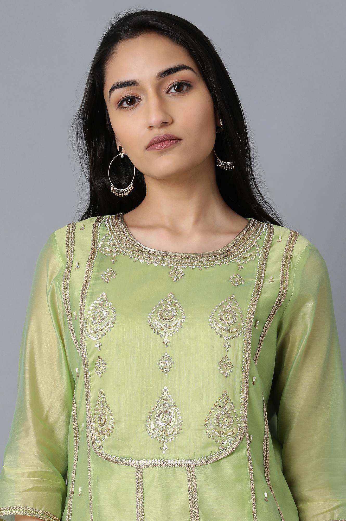 Light Green Round Neck Embellished kurta - wforwoman