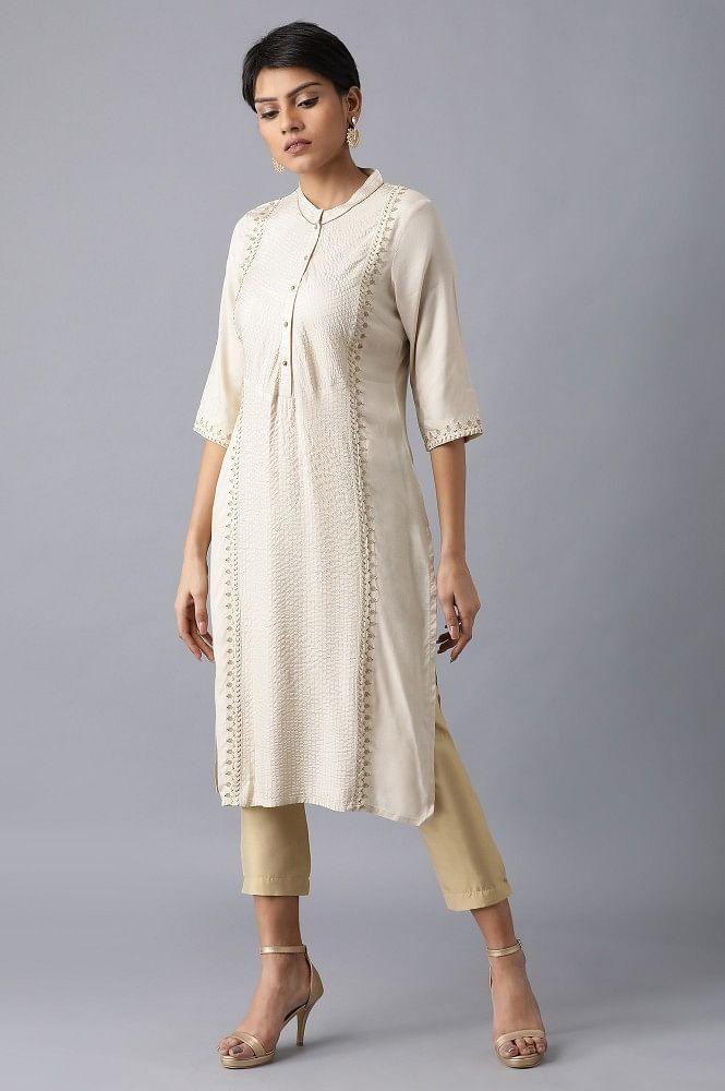Beige Mandarin Neck Embroidered kurta - wforwoman