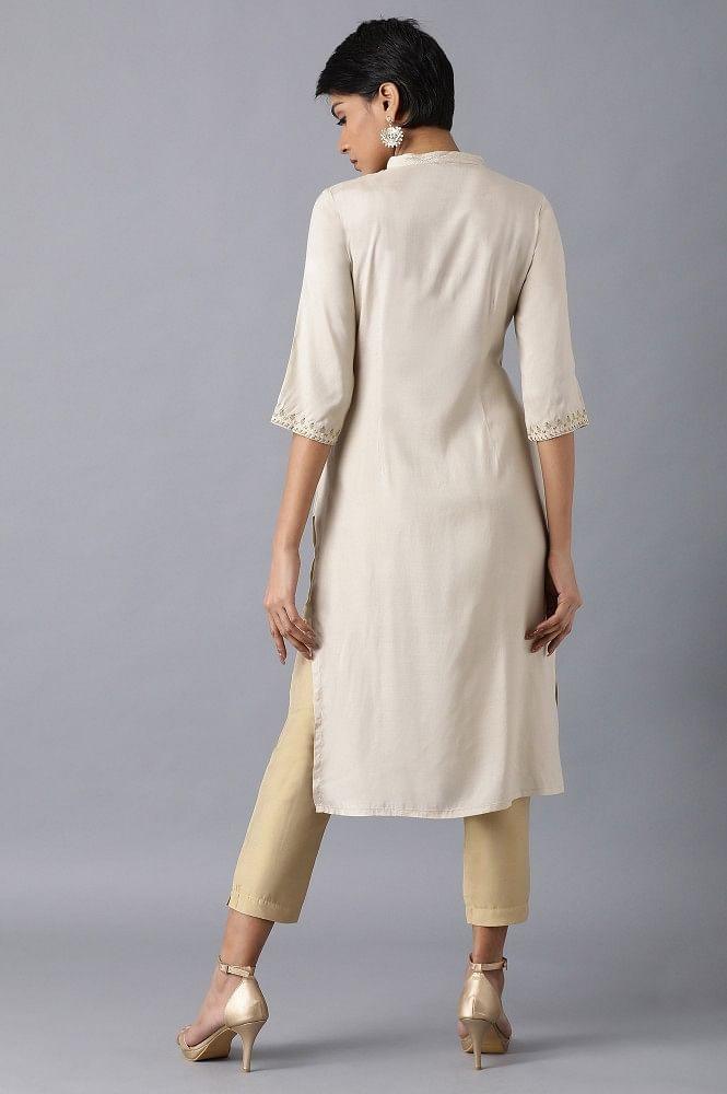 Beige Mandarin Neck Embroidered kurta - wforwoman