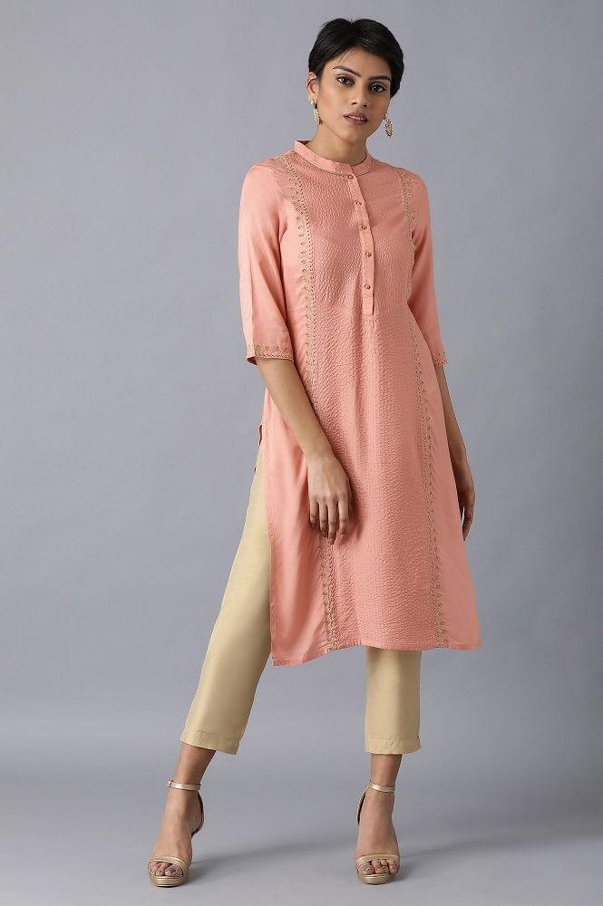 Peach Mandarin Neck Embroidered kurta - wforwoman