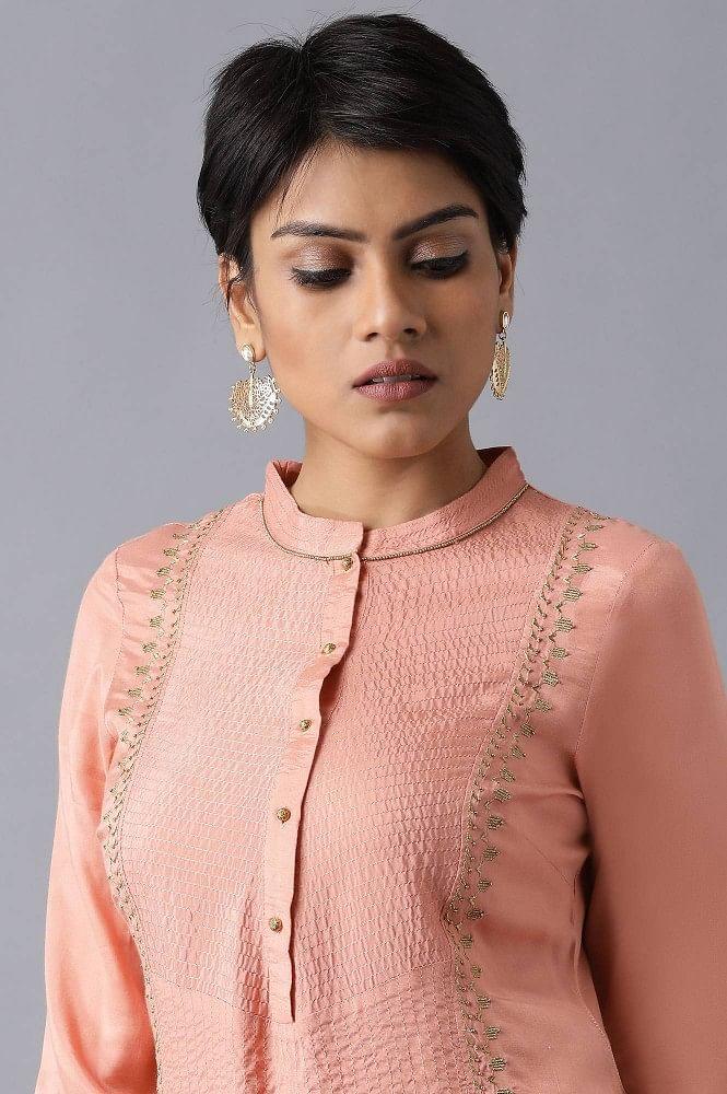 Peach Mandarin Neck Embroidered kurta - wforwoman