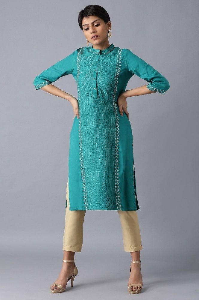 Teal Mandarin Neck Embroidered kurta - wforwoman