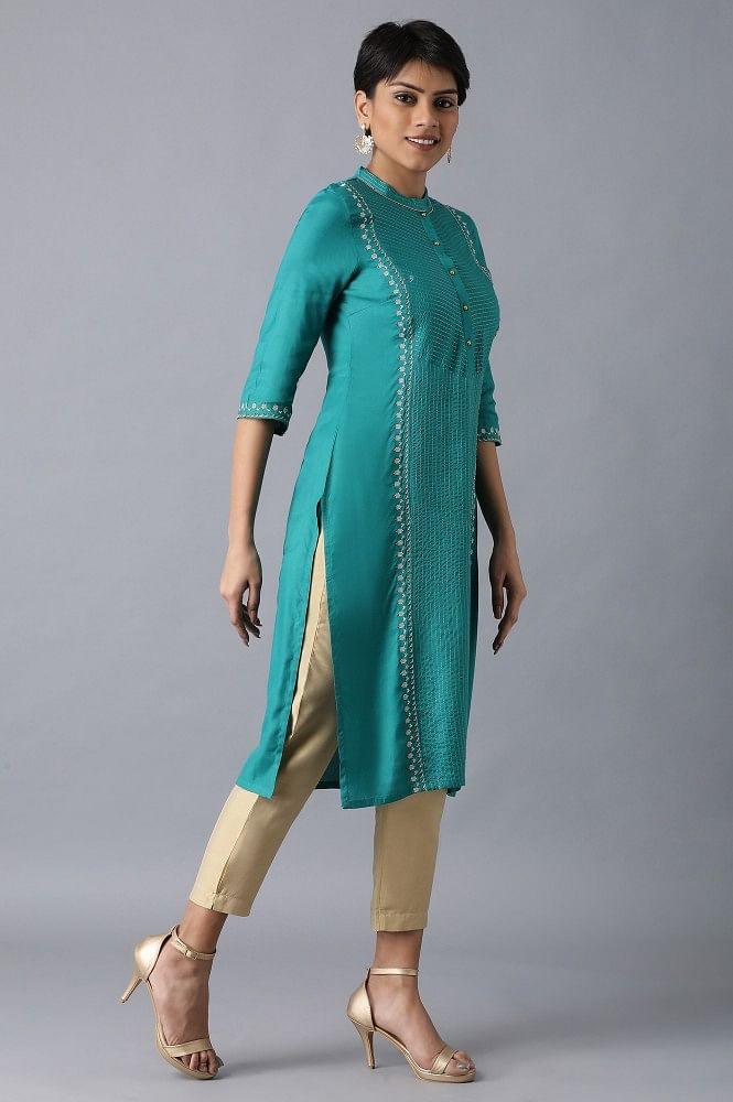 Teal Mandarin Neck Embroidered kurta - wforwoman