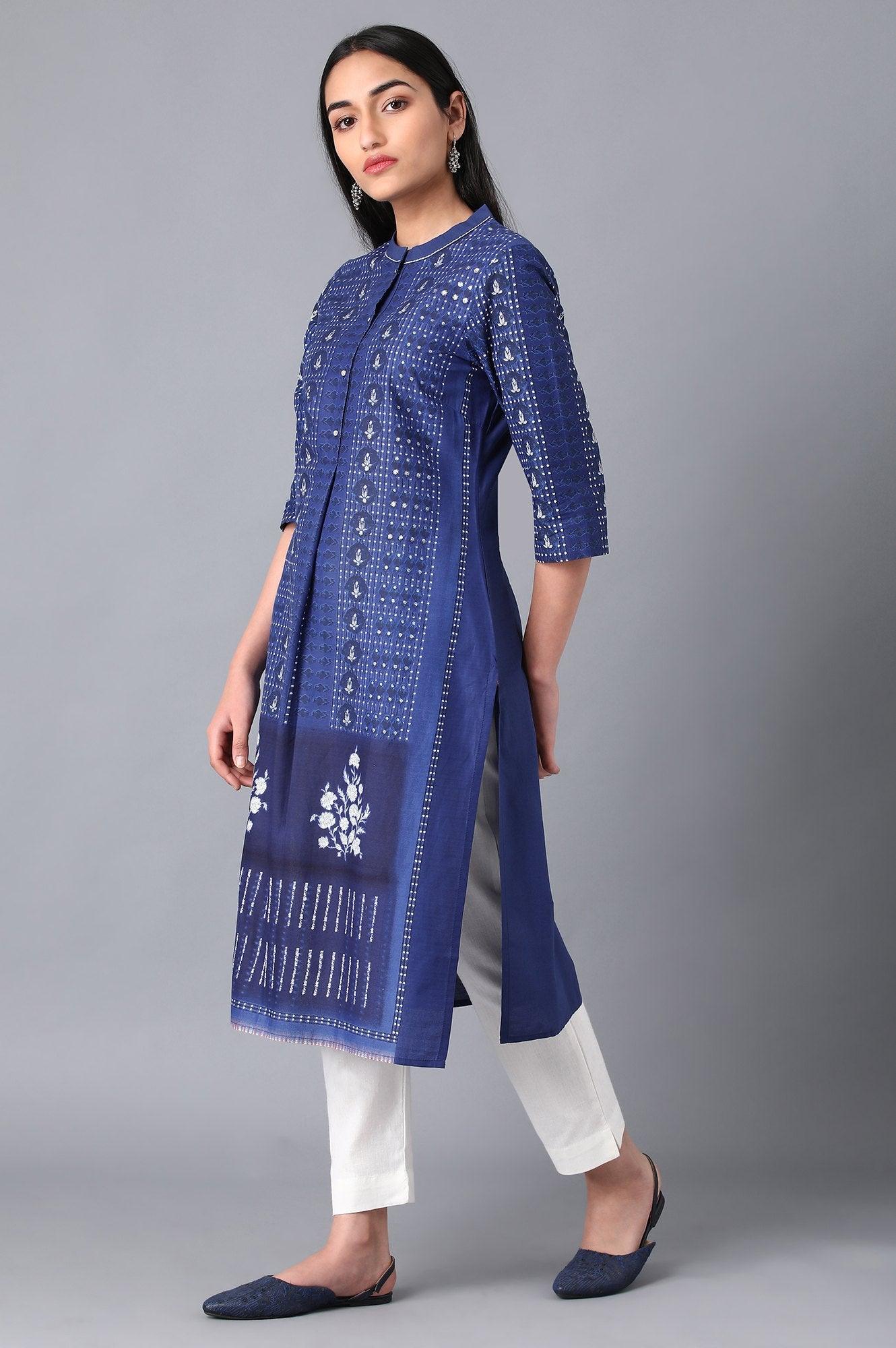 Blue Cotton Printed kurta in Mandarin Collar - wforwoman