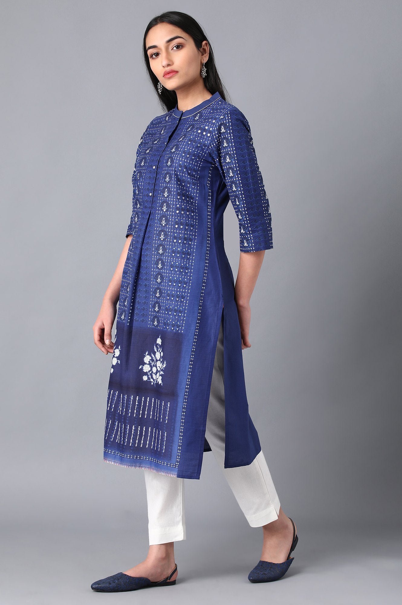 Blue Mandarin Neck Printed kurta