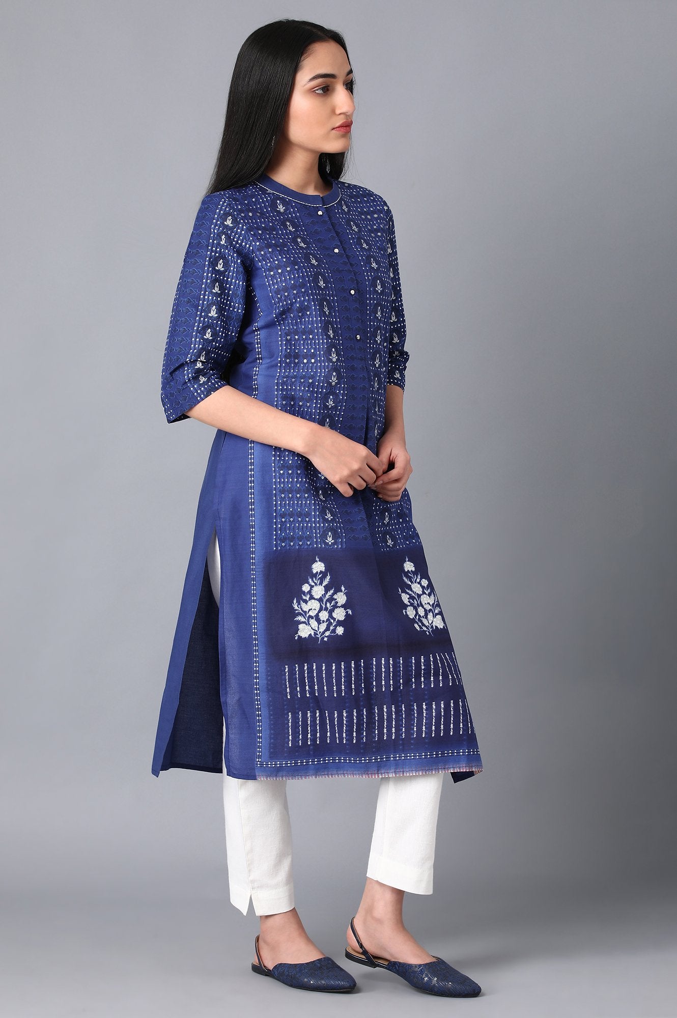 Blue Mandarin Neck Printed kurta