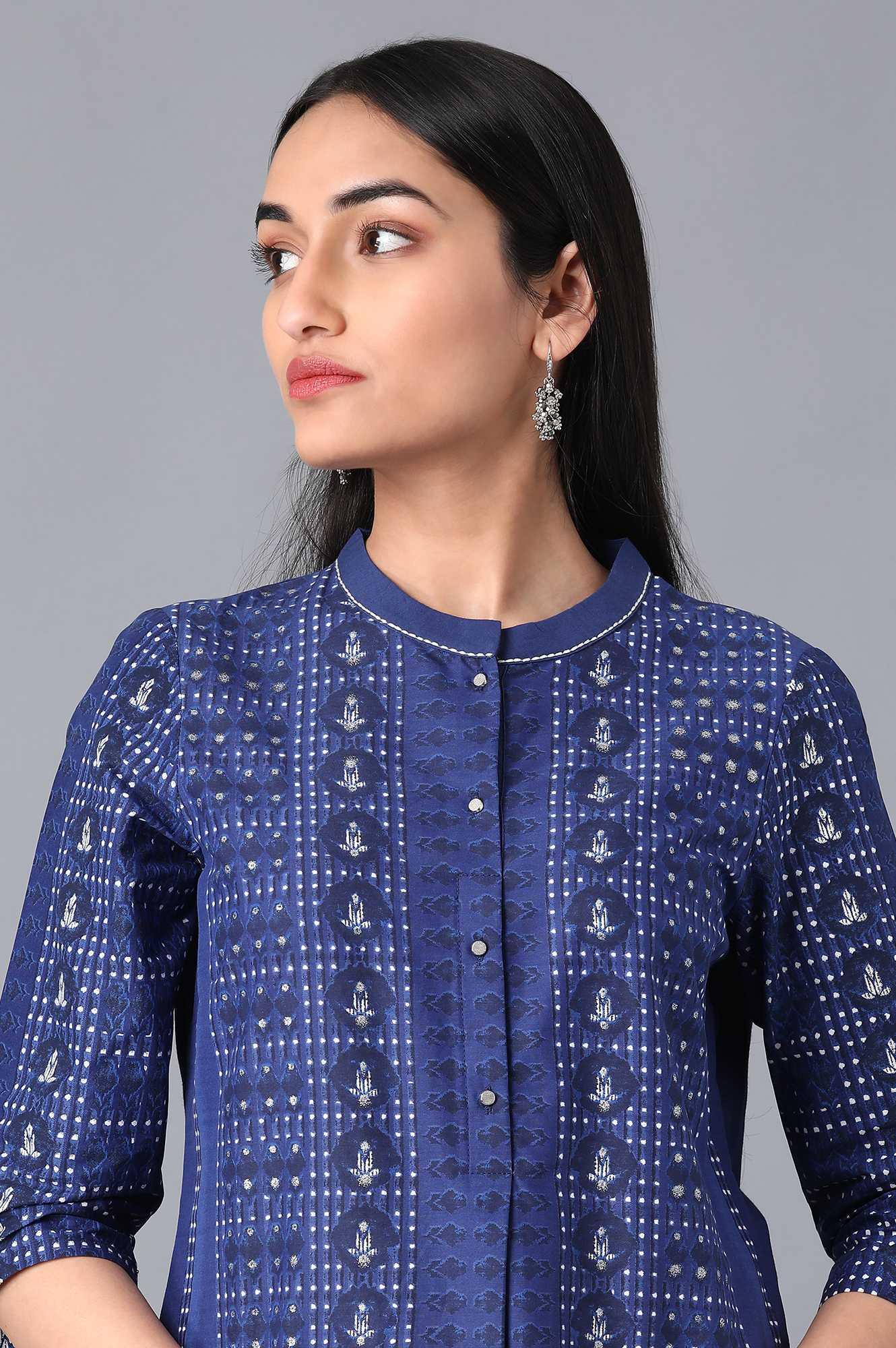 Blue Cotton Printed kurta in Mandarin Collar - wforwoman