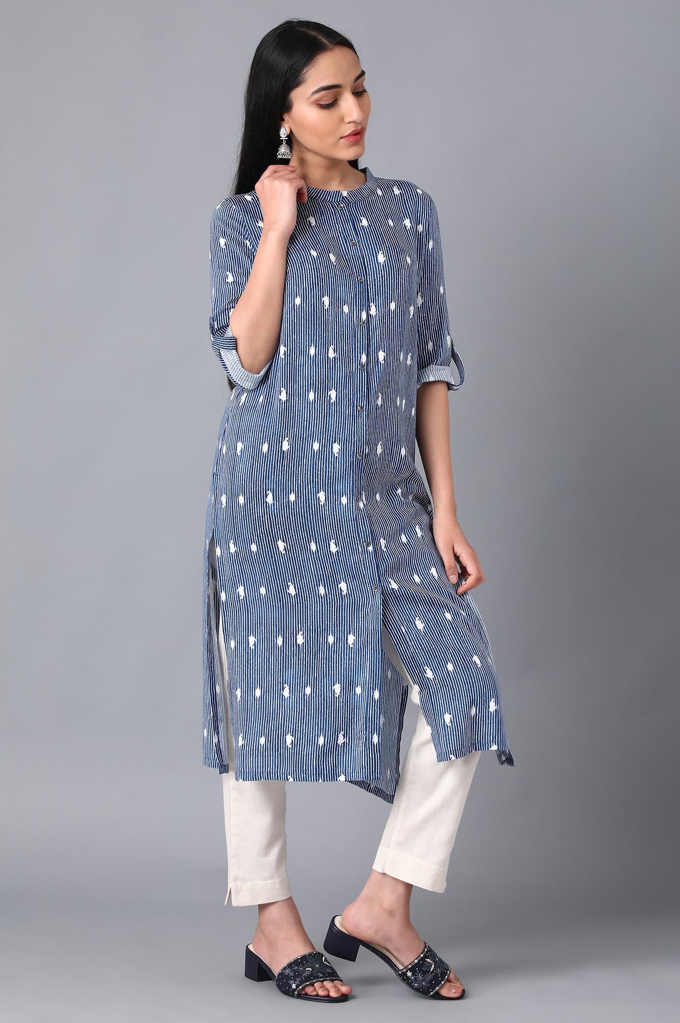 Blue Mandarin Neck Printed kurta