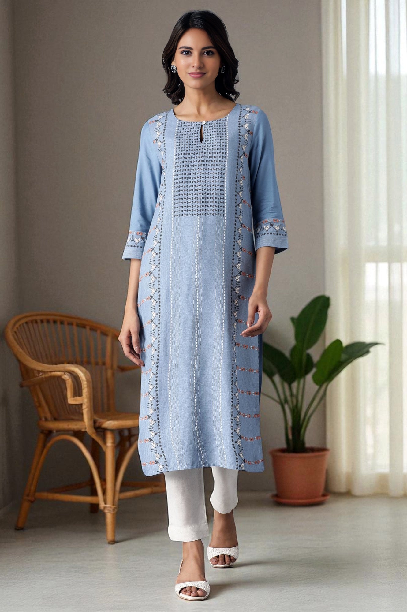 Denim Blue Round Neck Straight Kurta XS - Main Image