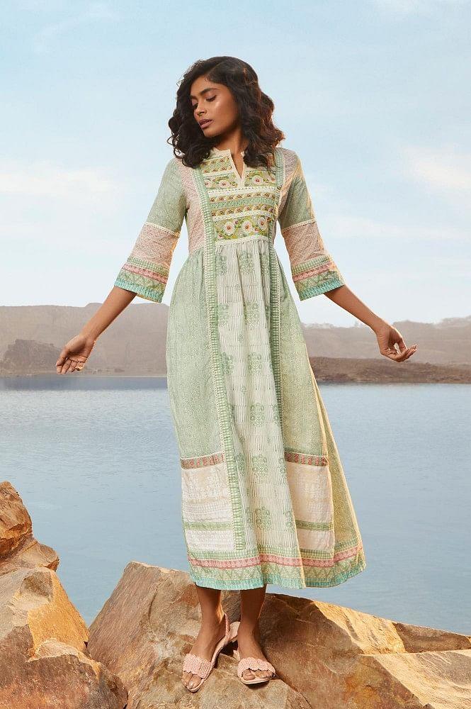 Smoke Green Mix Print Panelled Dress - wforwoman