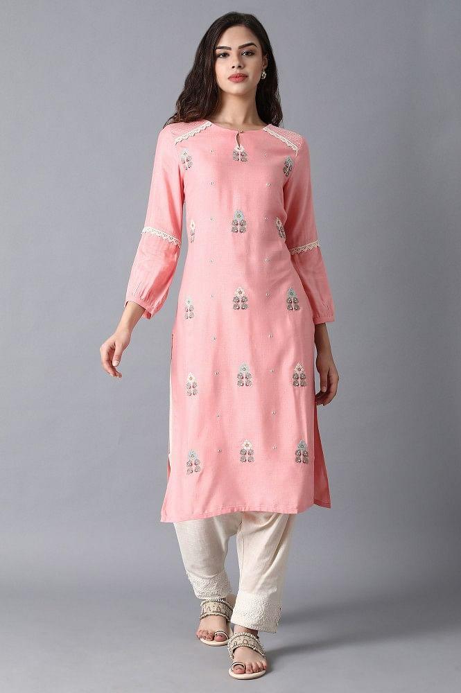 Pink Round Neck Embroidered kurta - wforwoman