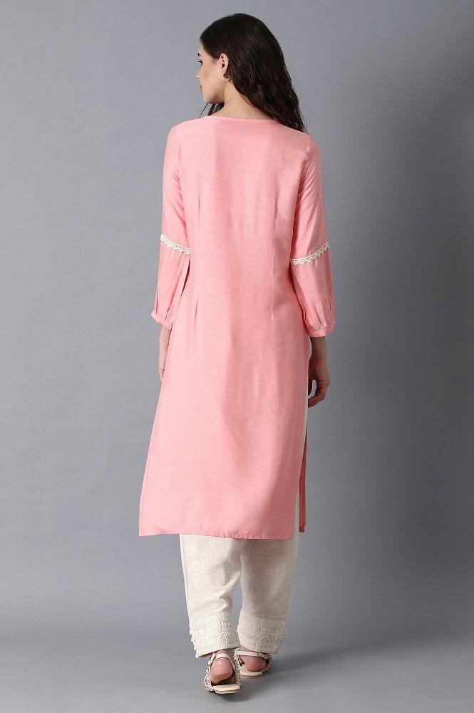 Pink Round Neck Embroidered kurta - wforwoman
