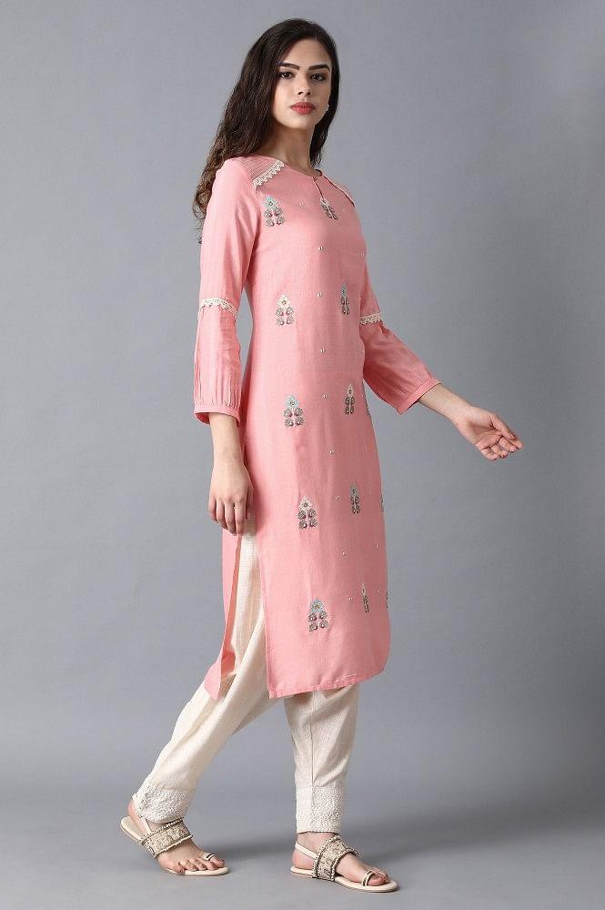 Pink Round Neck Embroidered kurta - wforwoman