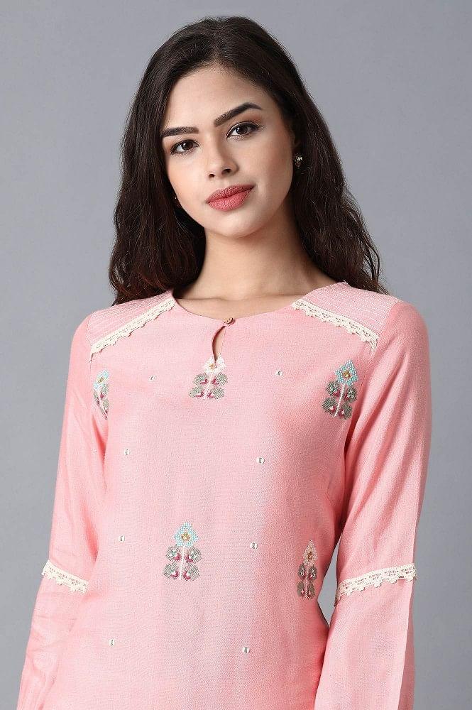 Pink Round Neck Embroidered kurta - wforwoman