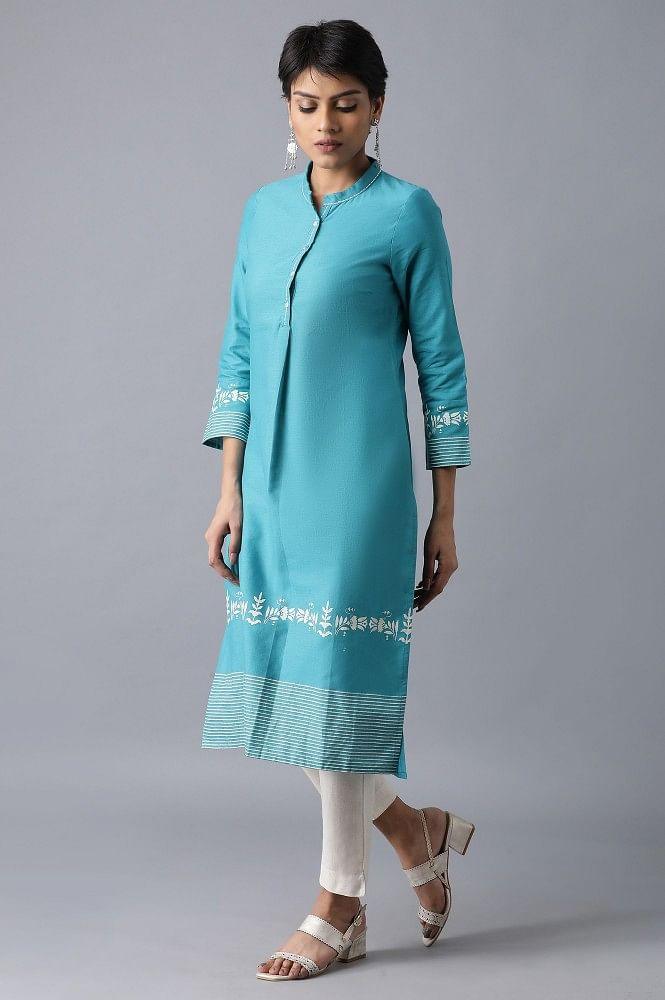 Teal Mandarin Neck Printed kurta - wforwoman