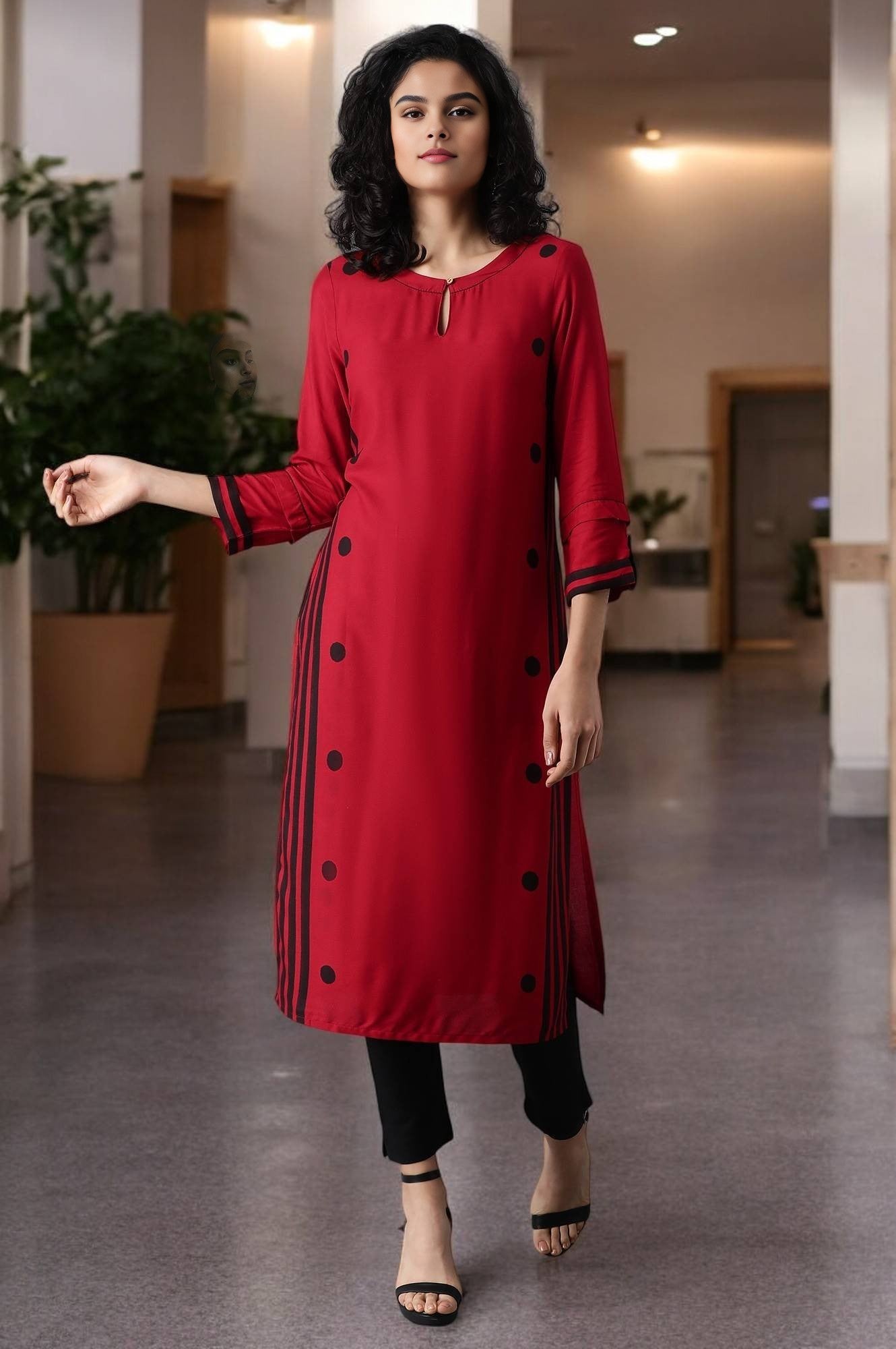 Red Geometric Printed Keyhole Neckline Rayon Straight Kurta