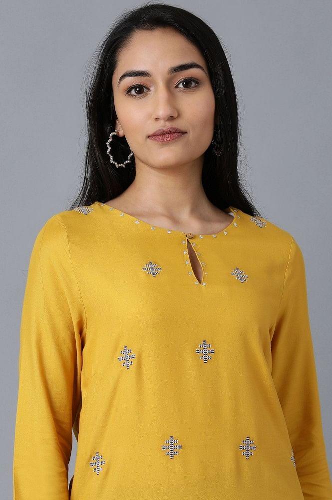 Yellow Round Neck Embroidered kurta - wforwoman