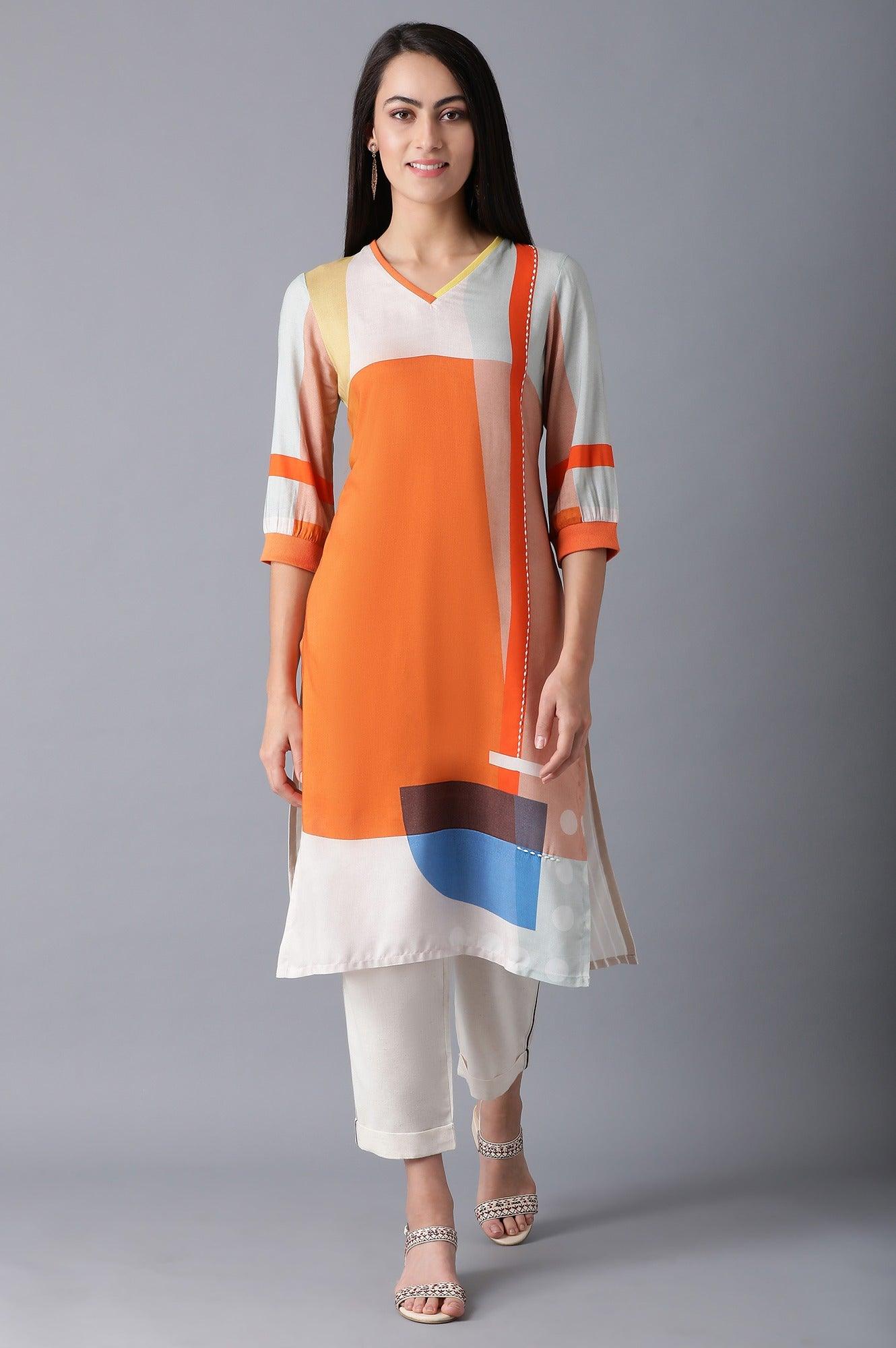 Orange V-Neck Printed kurta - wforwoman