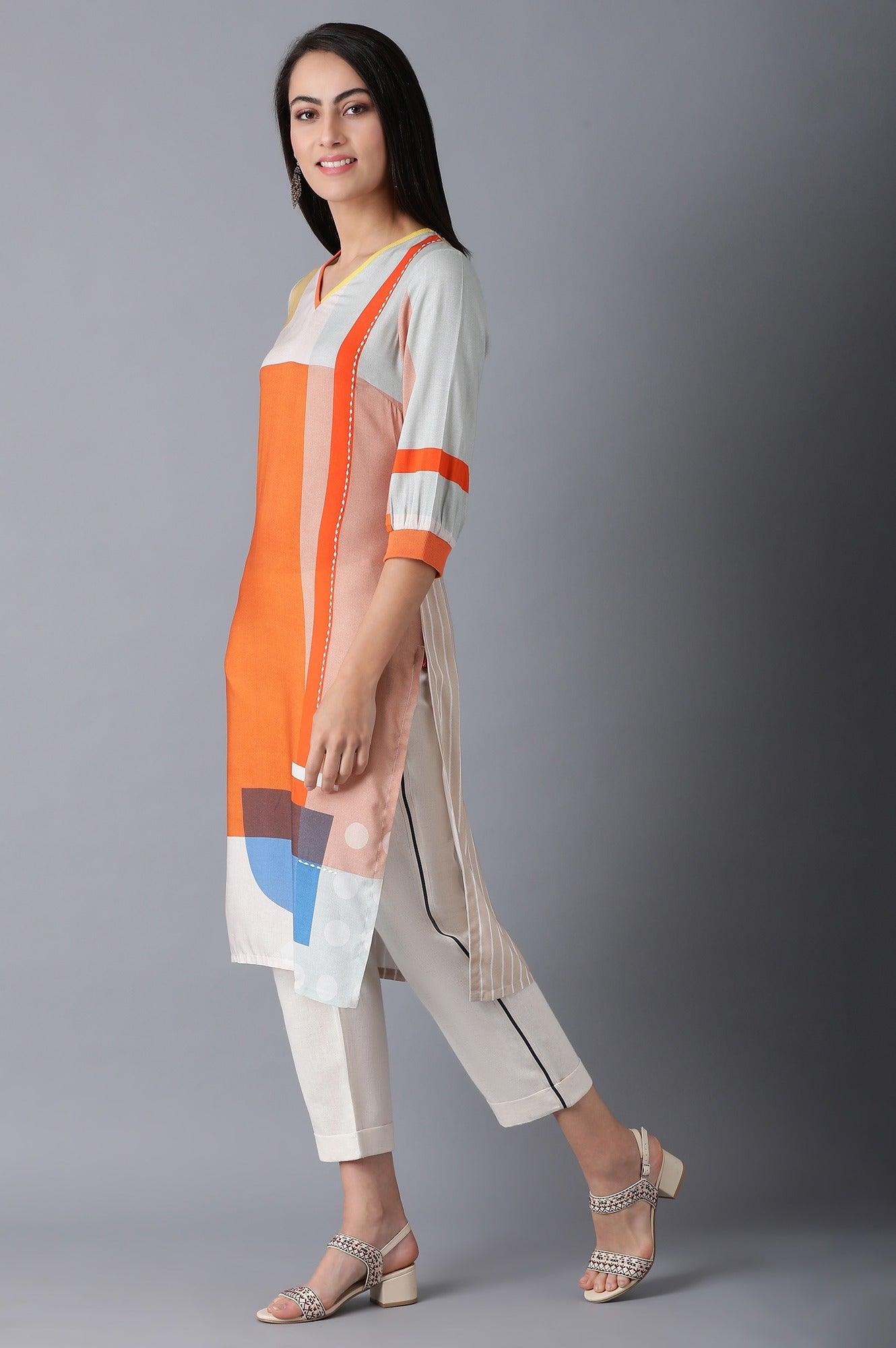 Orange V-Neck Printed kurta - wforwoman
