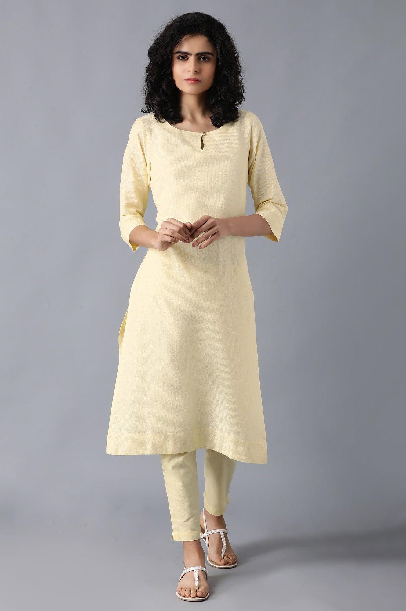Yellow Round Neck Classic kurta - wforwoman