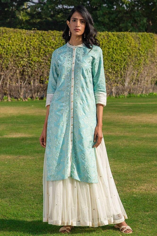 Sky Blue Straight Printed kurta - wforwoman