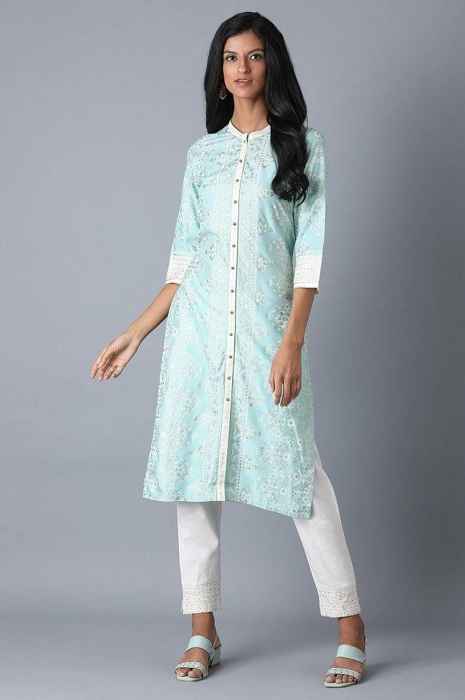 Sky Blue Straight Printed kurta - wforwoman