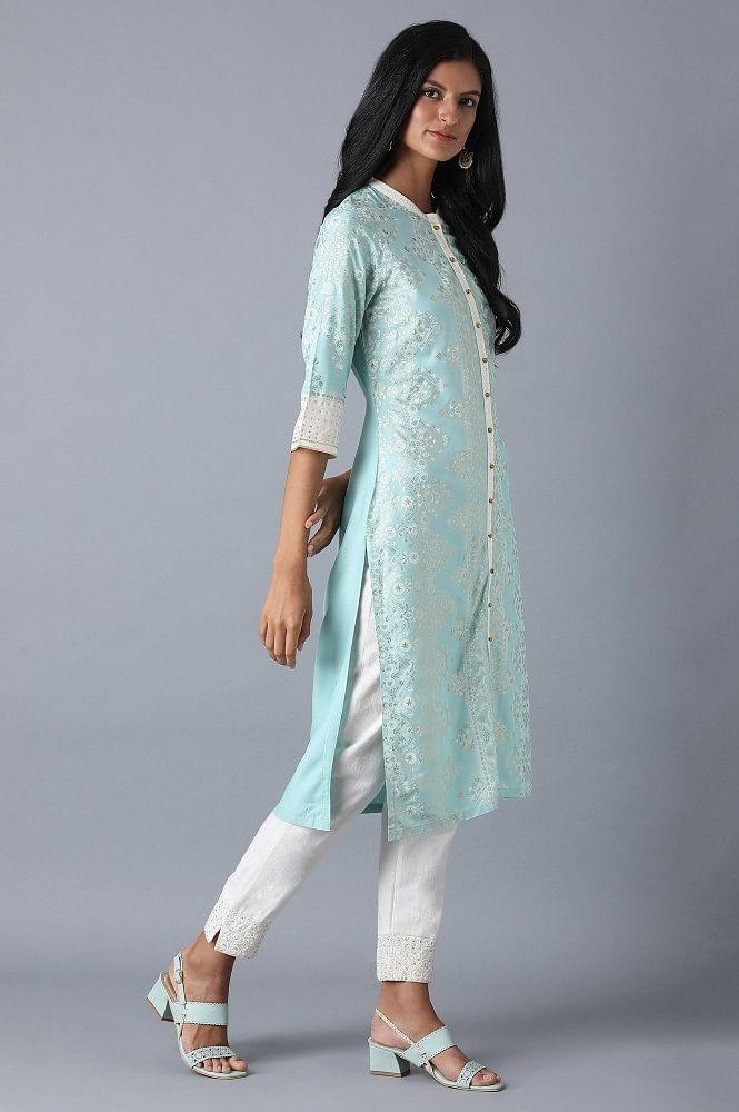 Sky Blue Straight Printed kurta - wforwoman