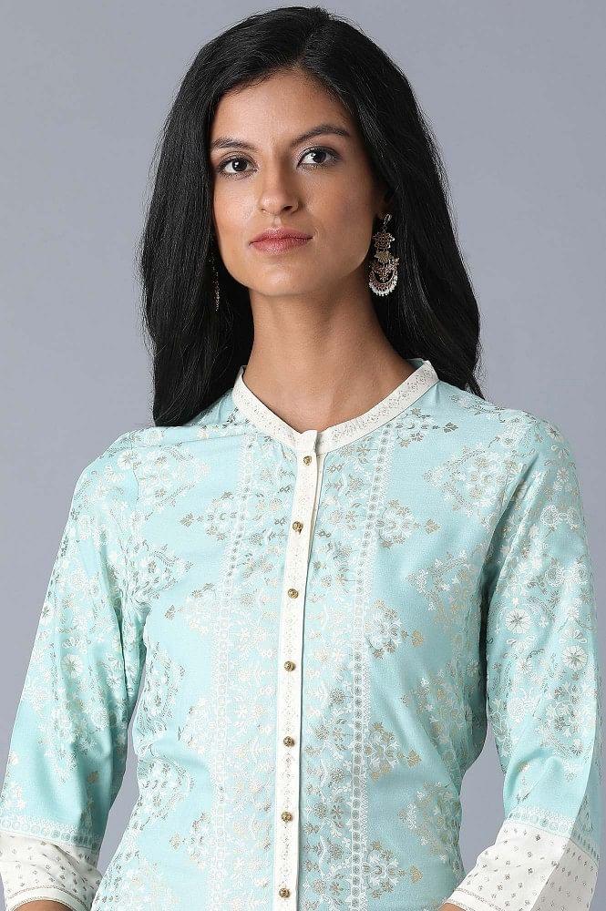 Sky Blue Straight Printed kurta - wforwoman