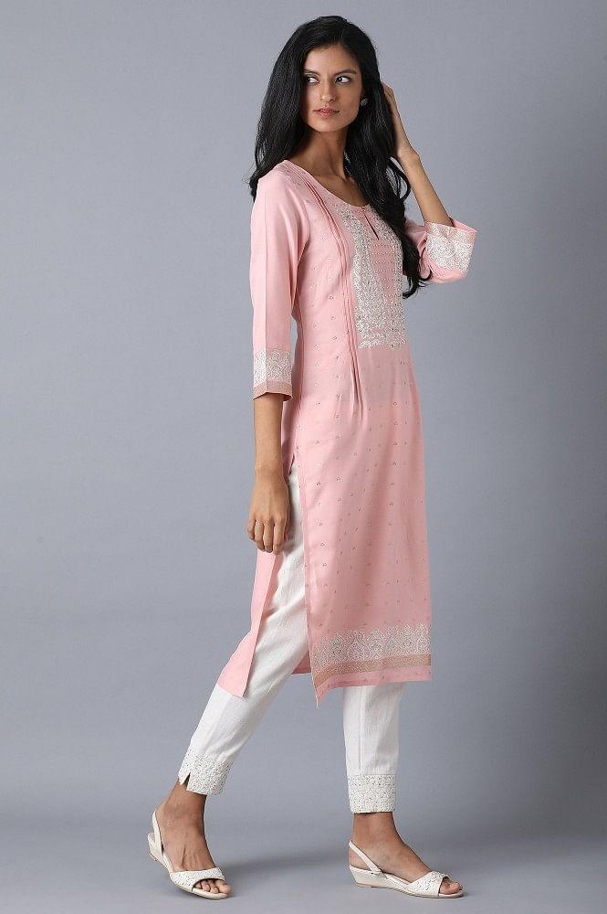 Blush Pink Embroidered Straight kurta - wforwoman