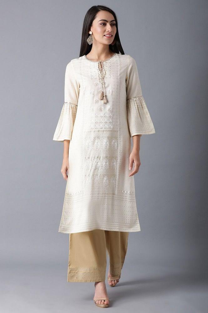 Ecru Round Neck Printed kurta - wforwoman