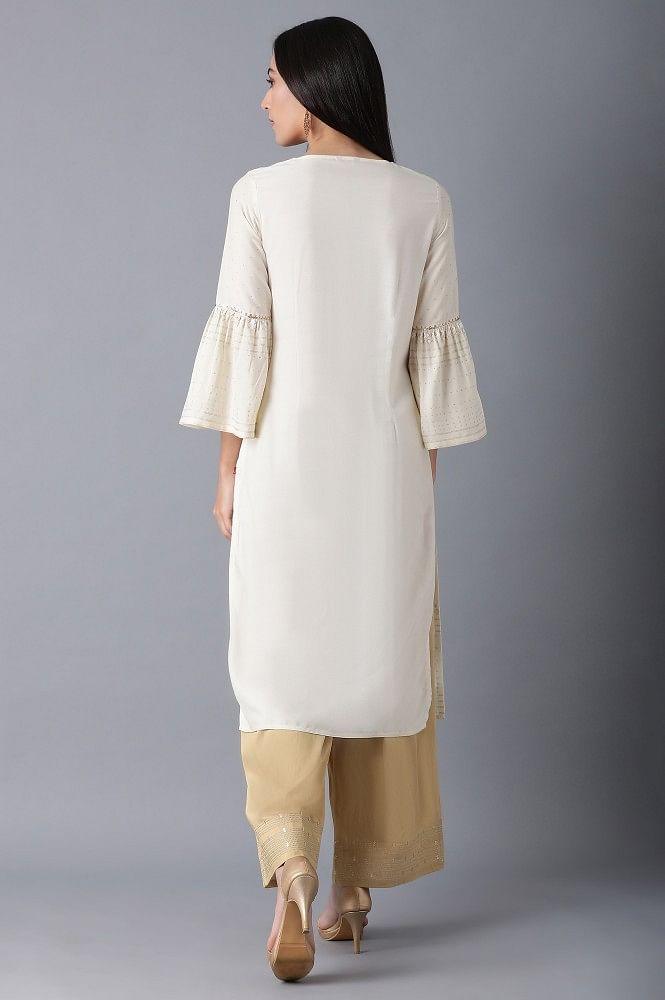 Ecru Round Neck Printed kurta - wforwoman