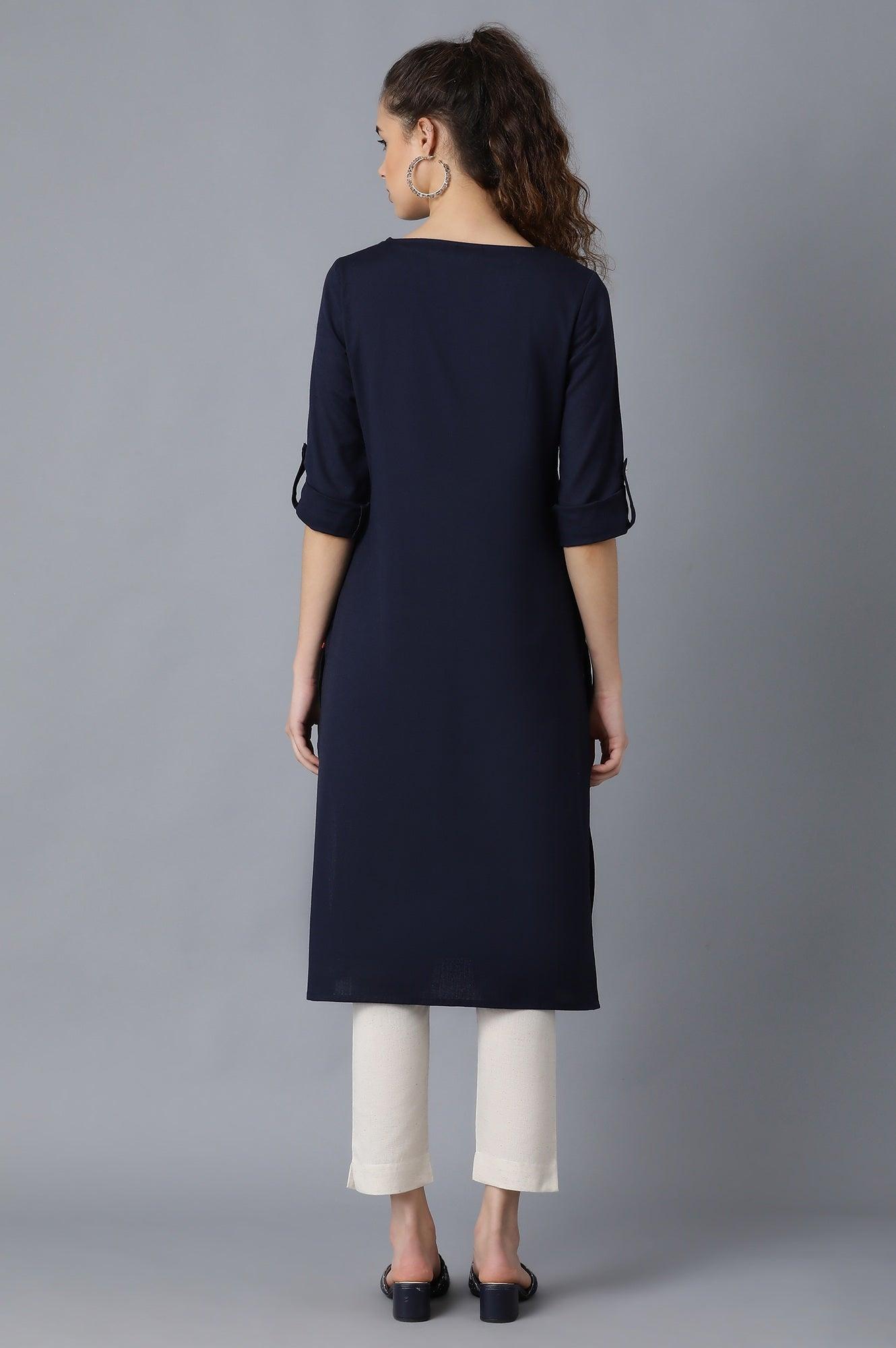 Navy Blue Round Neck Solid kurta - wforwoman