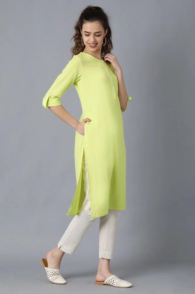 Yellow Round Neck Solid kurta - wforwoman