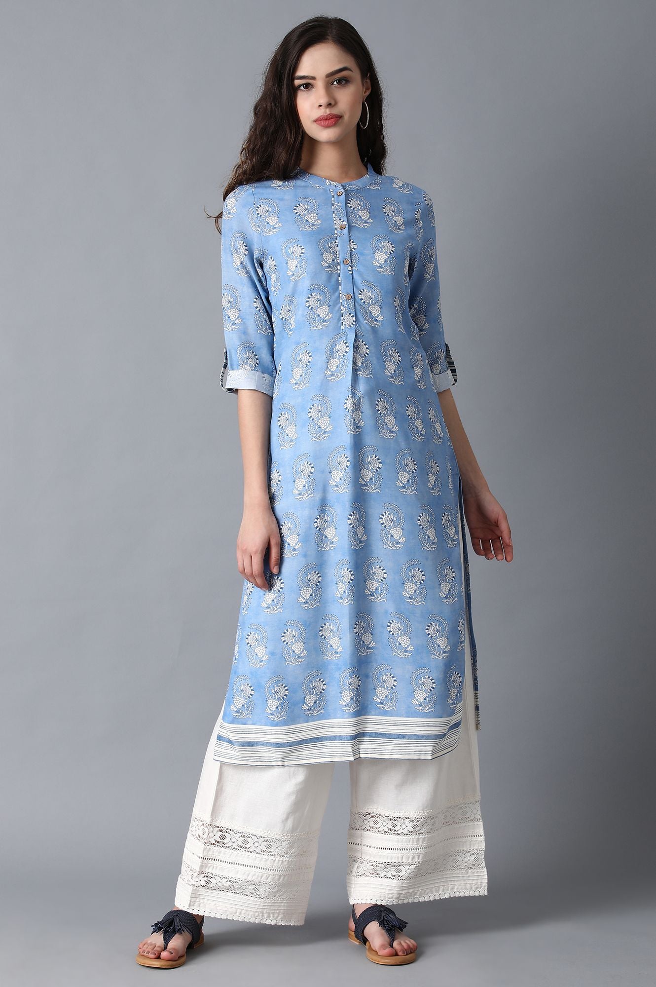 Blue Mandarin Neck Printed kurta