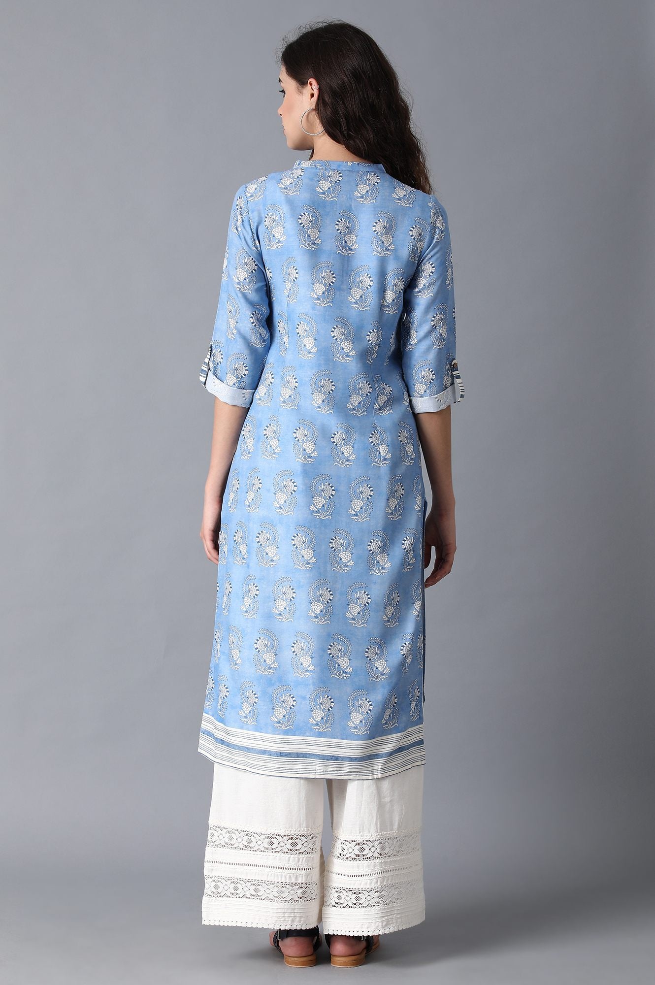 Blue Mandarin Neck Printed kurta