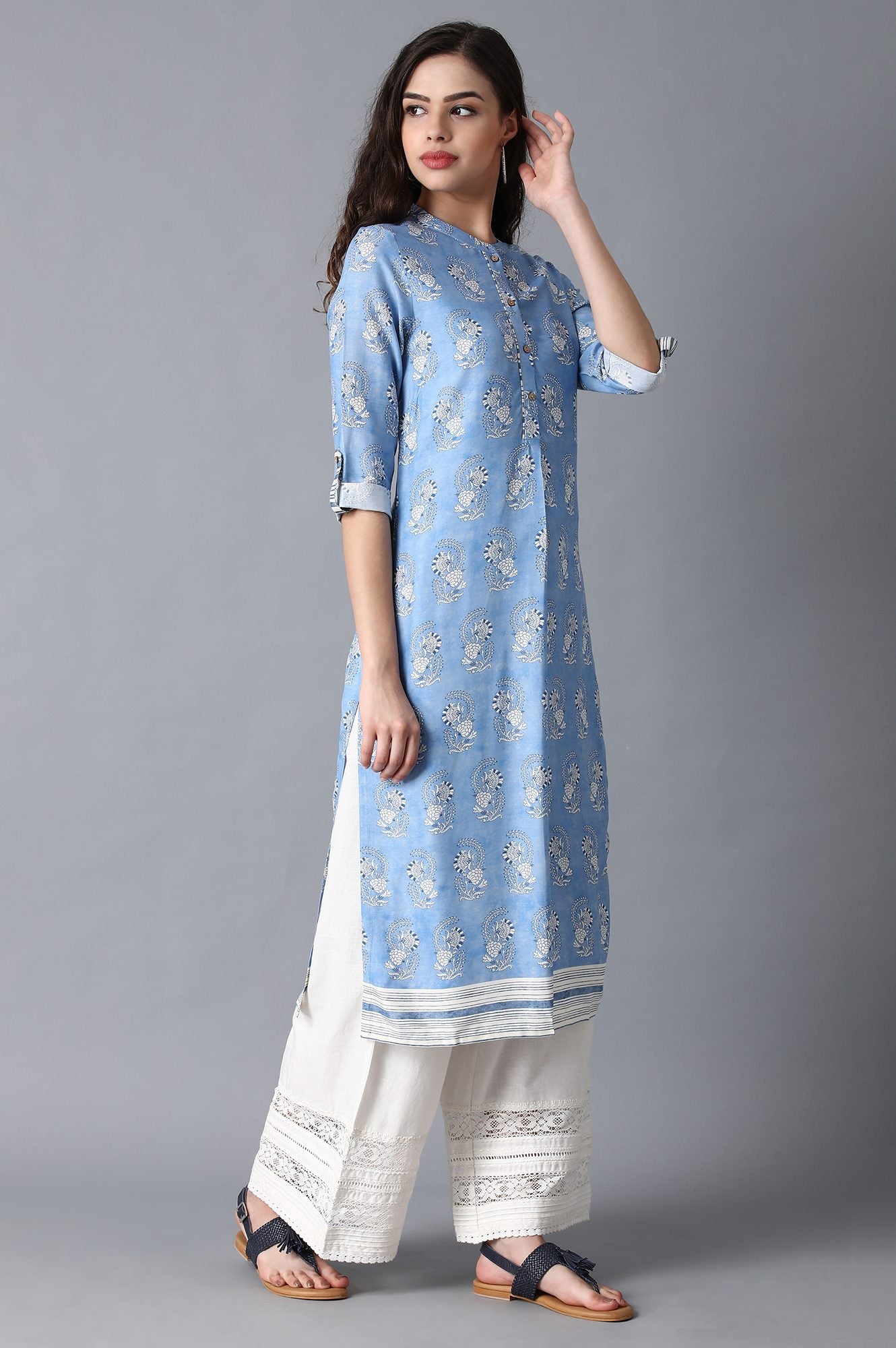 Blue Mandarin Neck Printed kurta