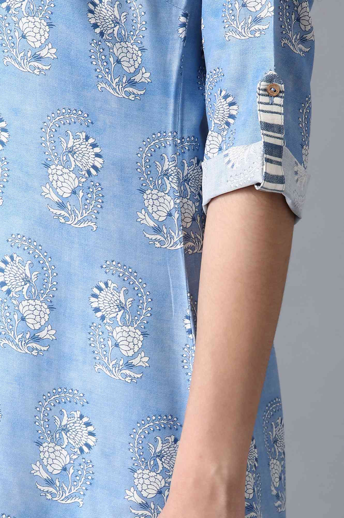 Blue Mandarin Neck Printed kurta