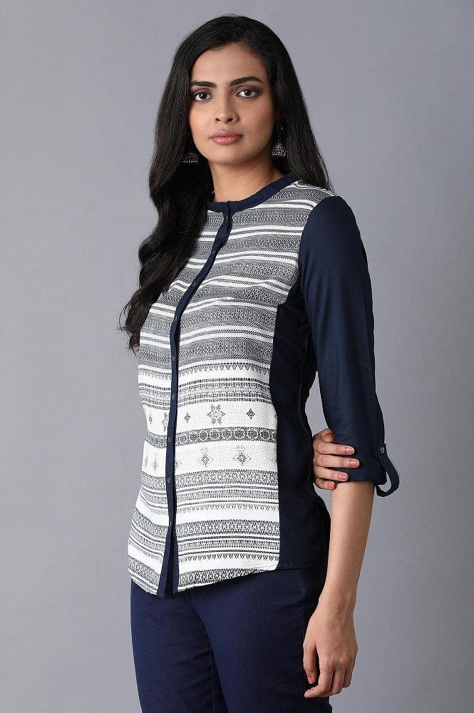 Navy Blue Printed Shirt Top - wforwoman