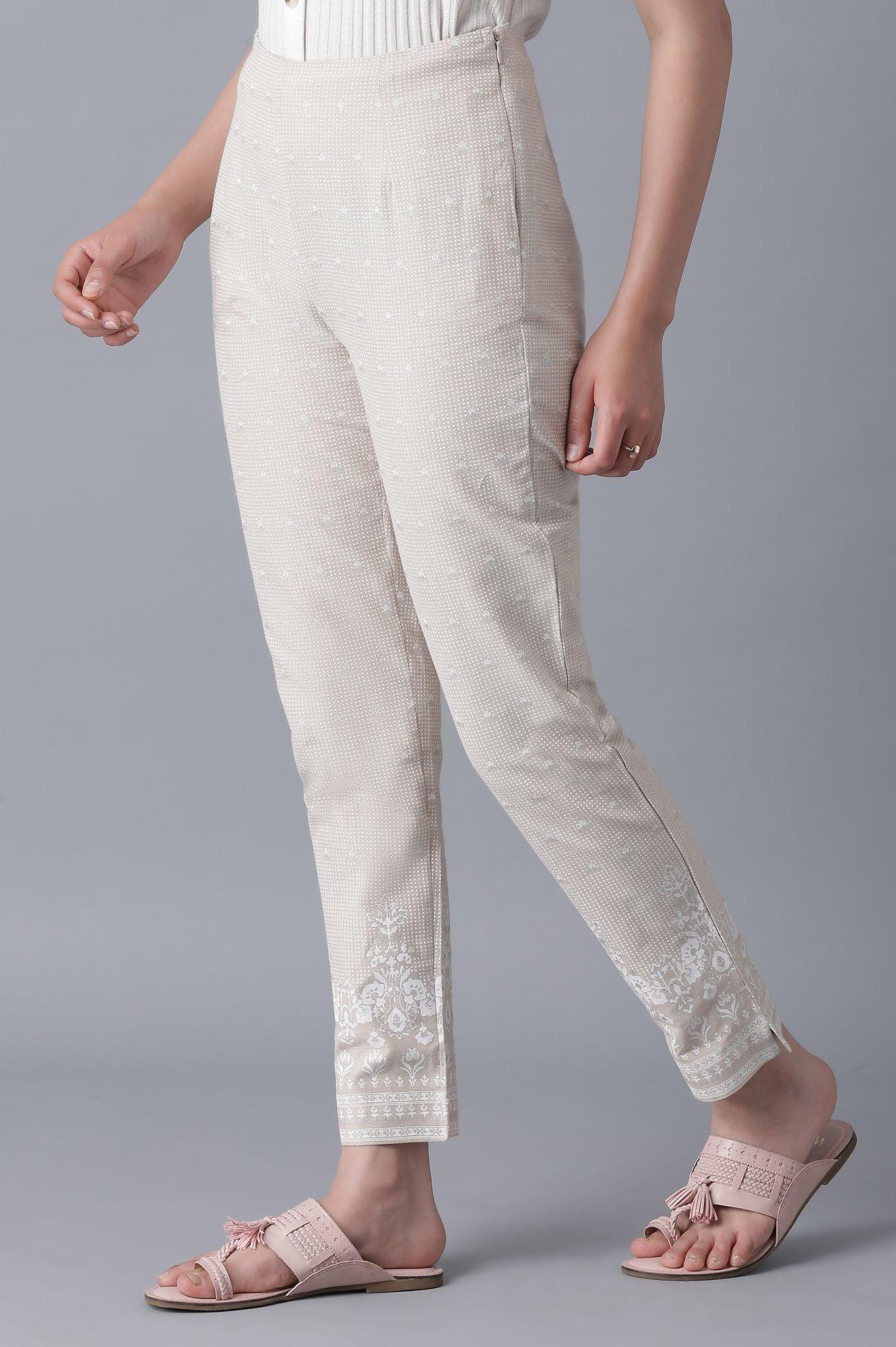 Beige Printed Slim Pants - wforwoman