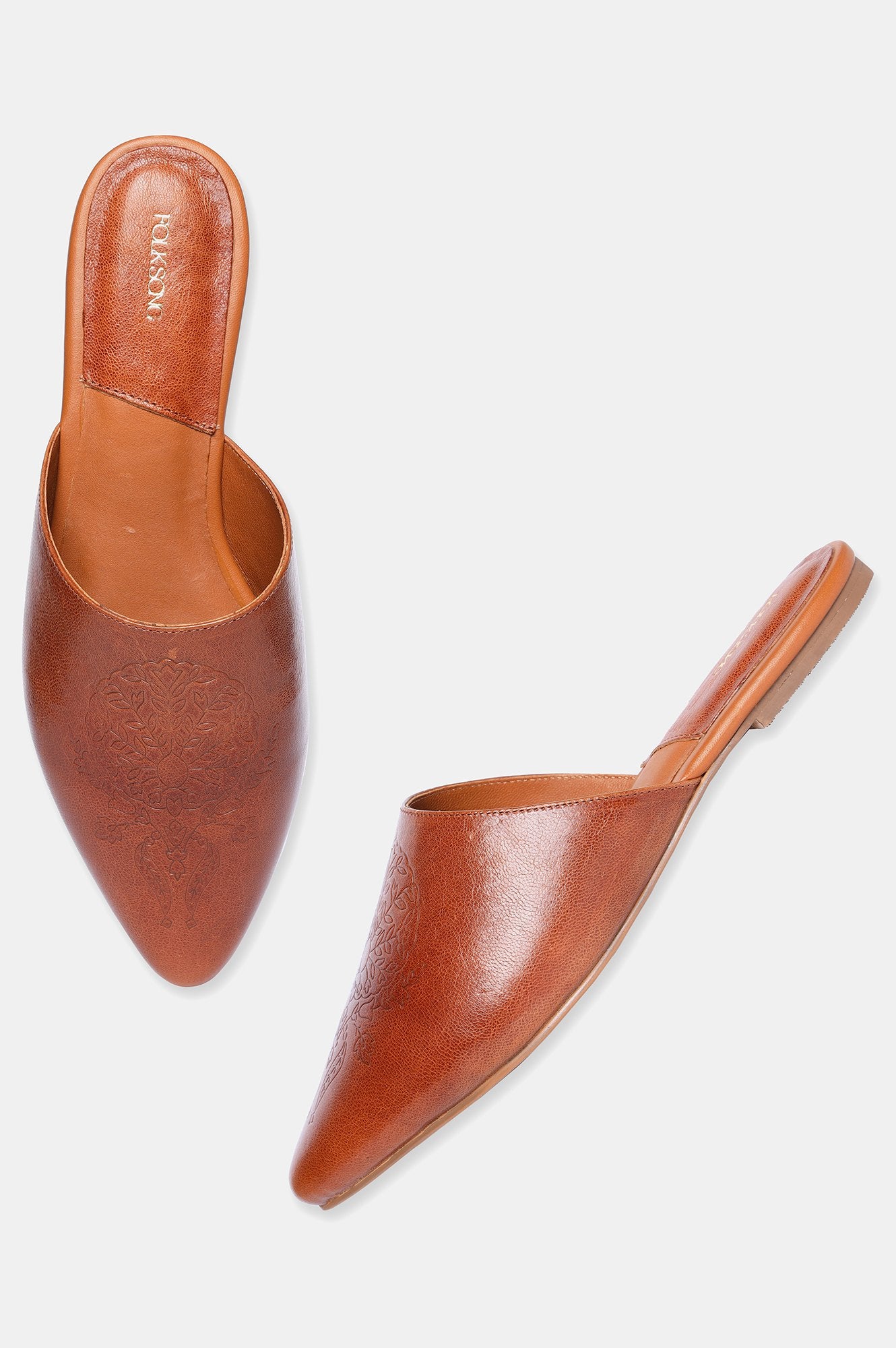 Tan Pointed Toe Embossing Flat-Schaima