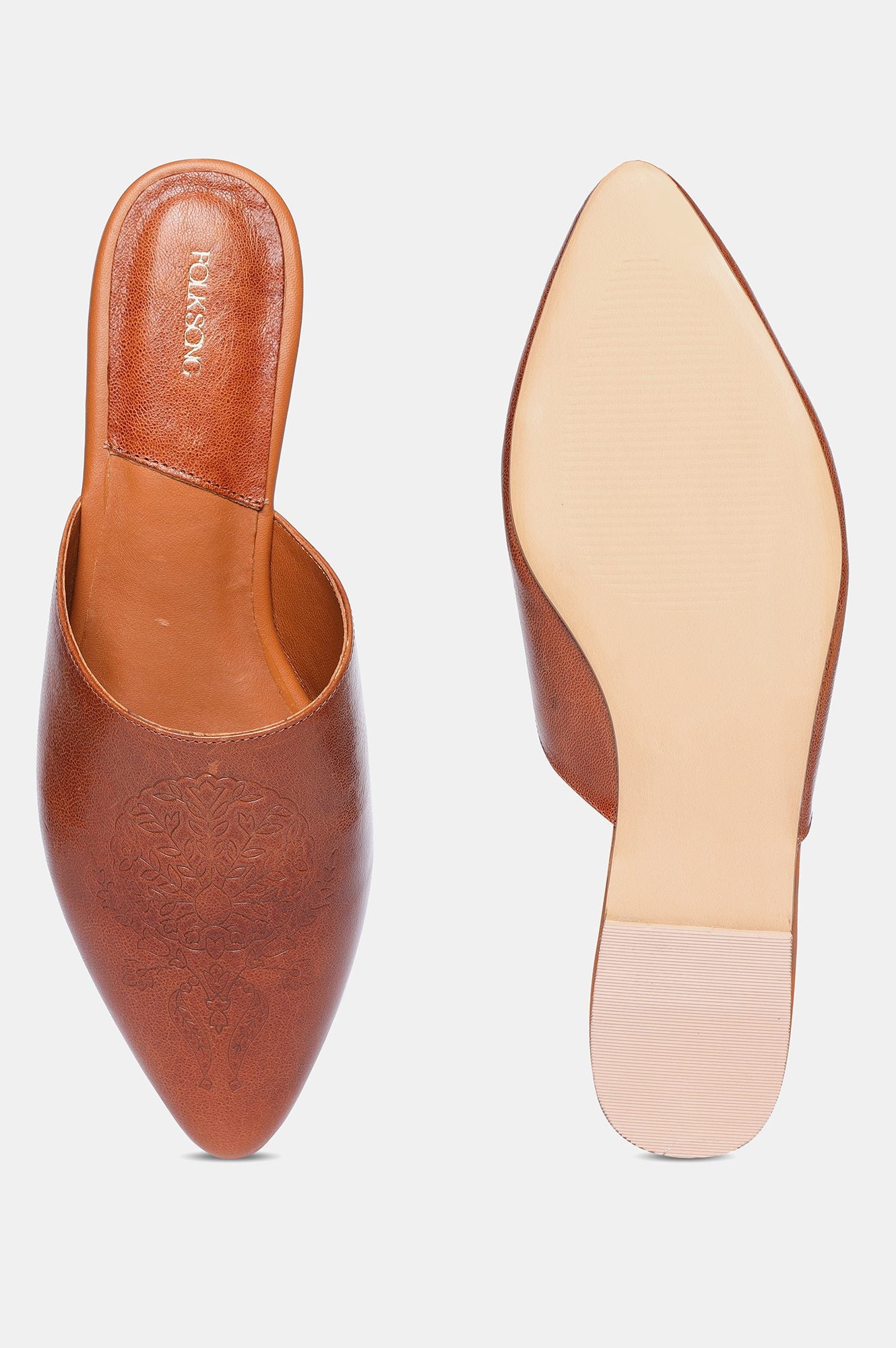 Tan Pointed Toe Embossing Flat-Schaima