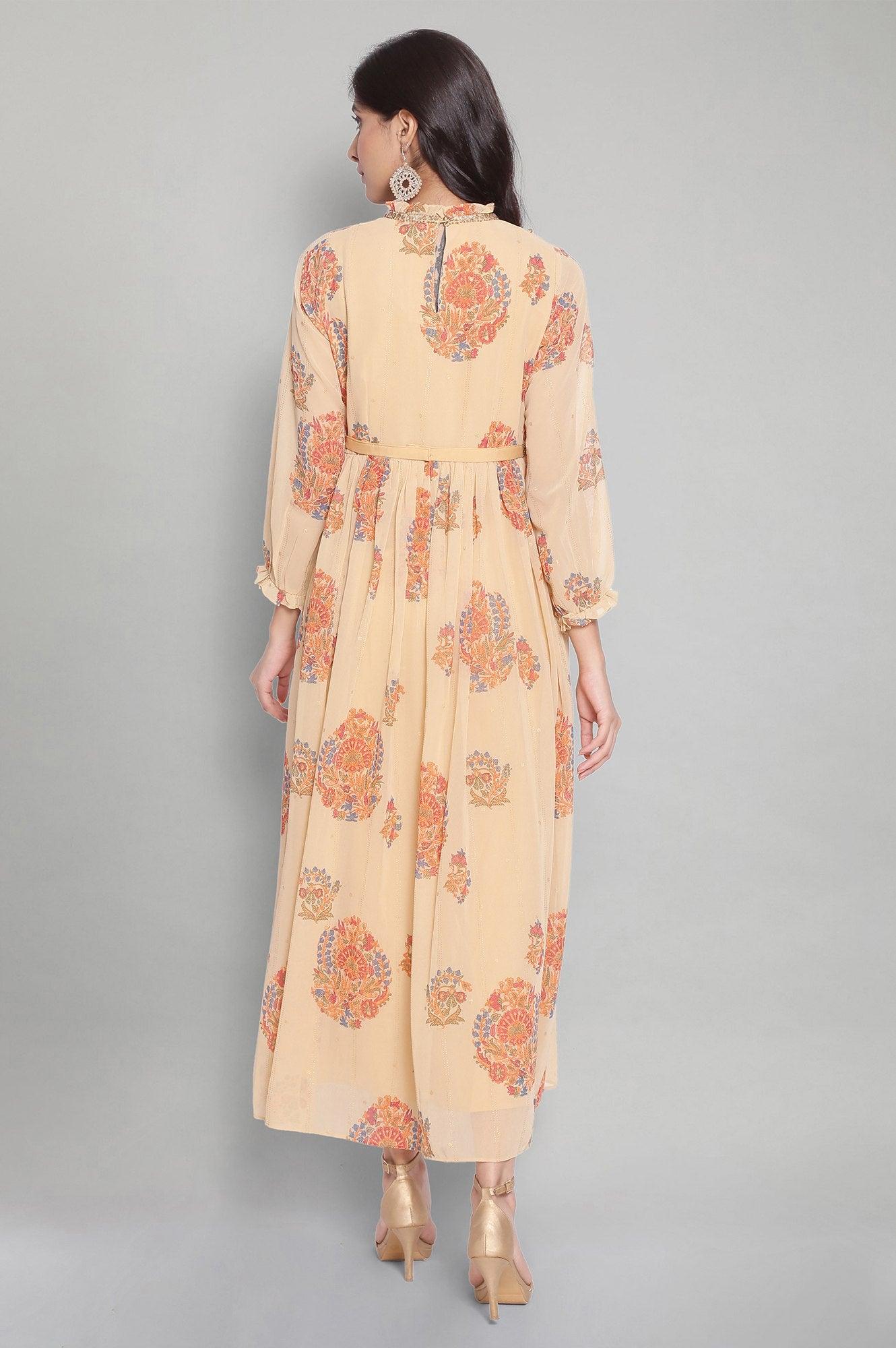 Yellow Floral Print Flared Victorian Dress - wforwoman