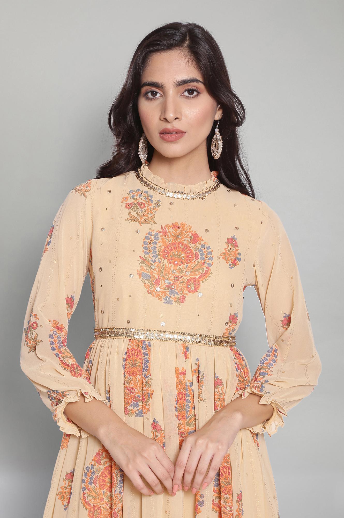 Yellow Floral Print Flared Victorian Dress - wforwoman