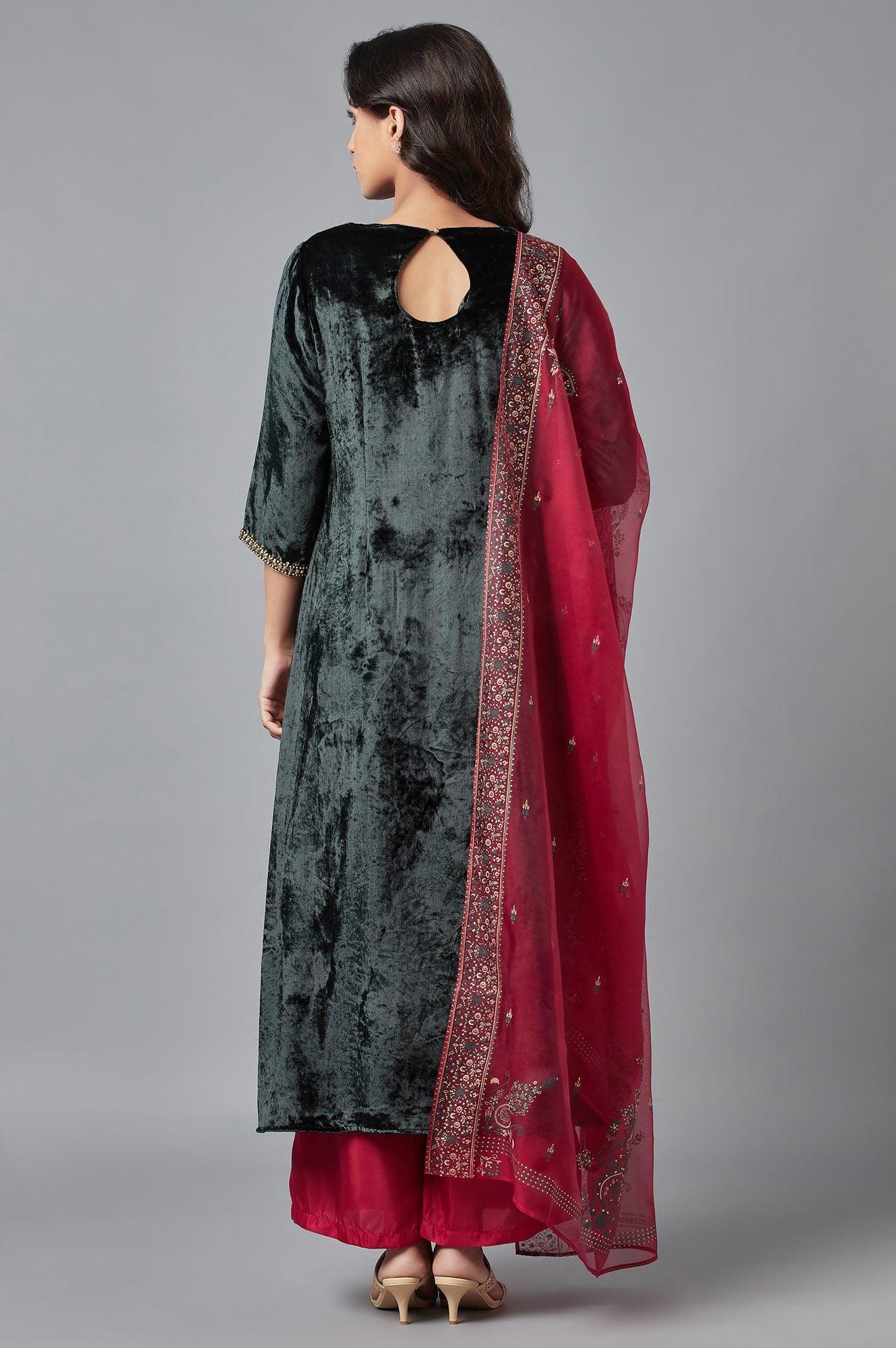 Dark Green Velvet kurta-Parallel Pant-Dupatta Set - wforwoman
