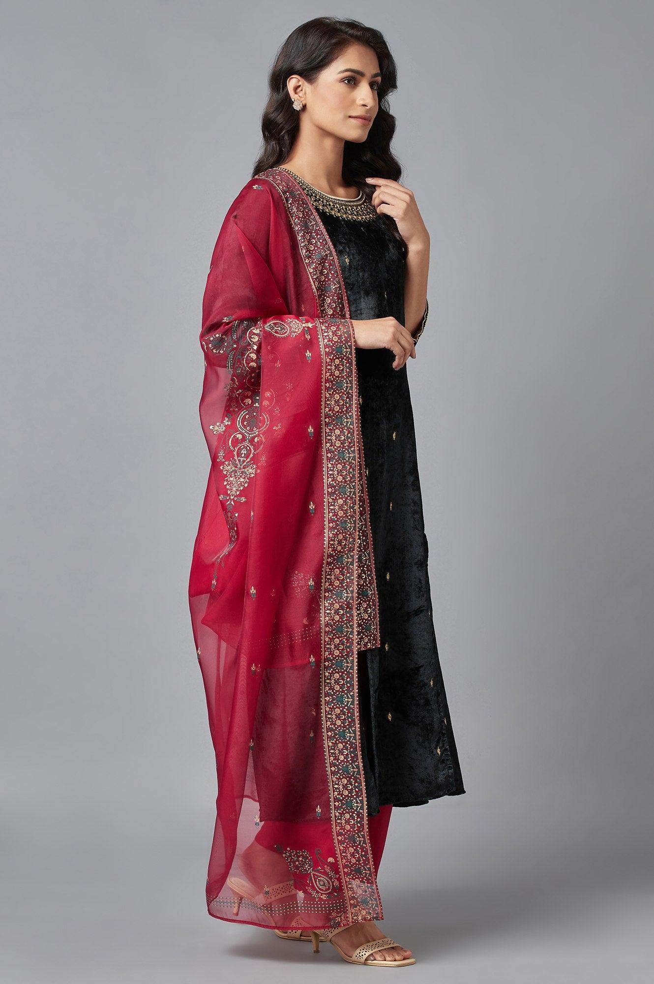 Dark Green Velvet kurta-Parallel Pant-Dupatta Set - wforwoman