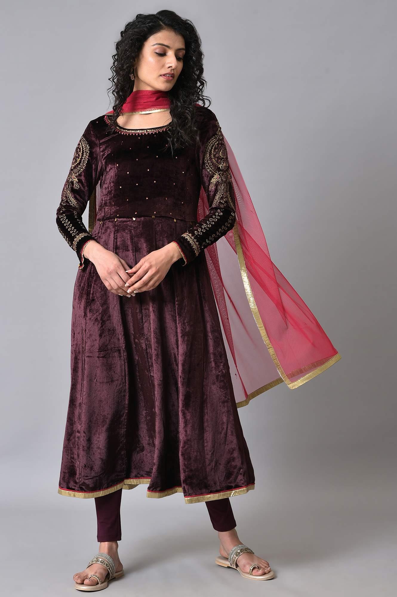 Purple Velvet Anarkali-Tights-Dupatta Set - wforwoman