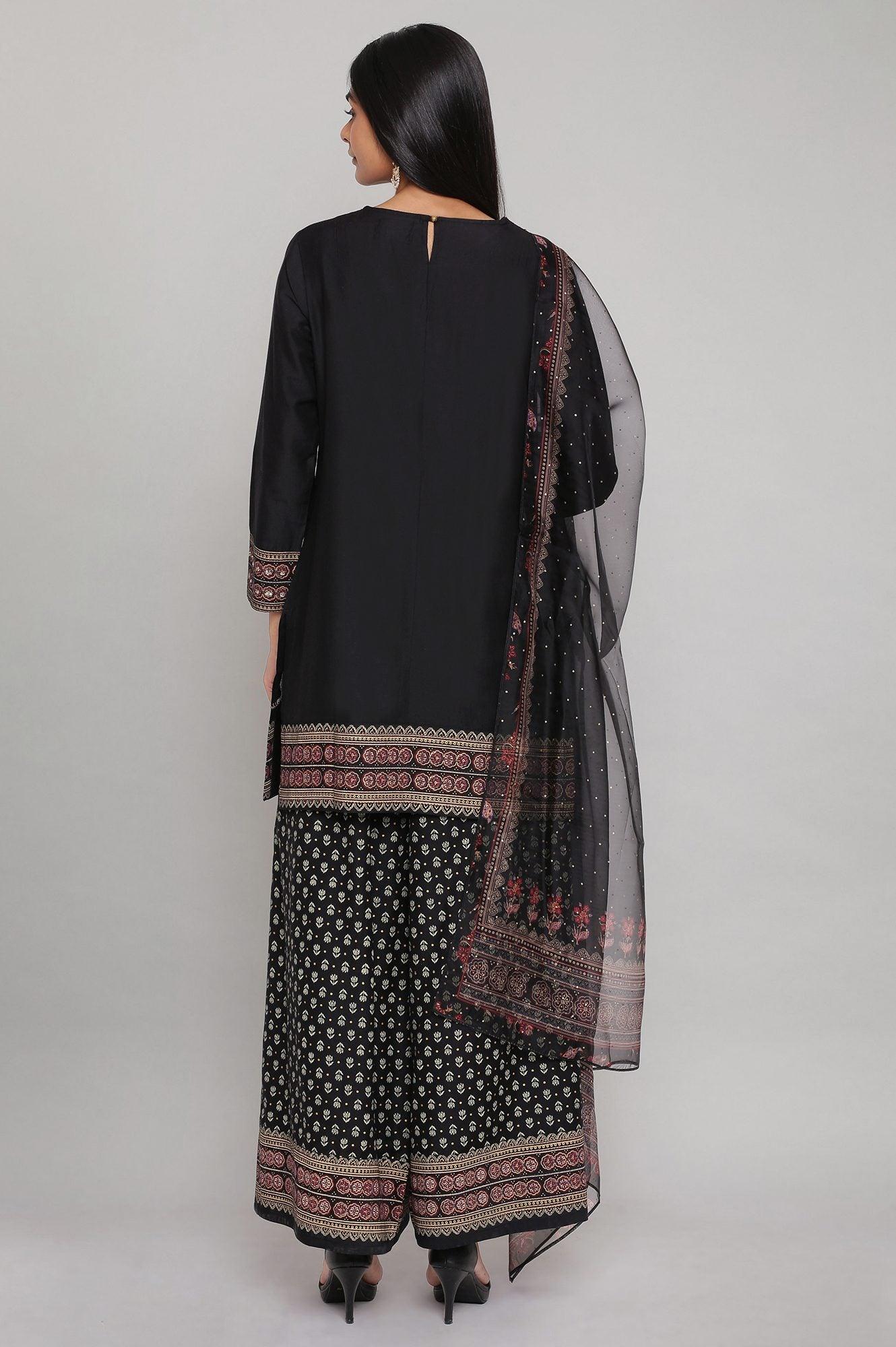 Black Short kurta Parallel Pants Dupatta Set - wforwoman