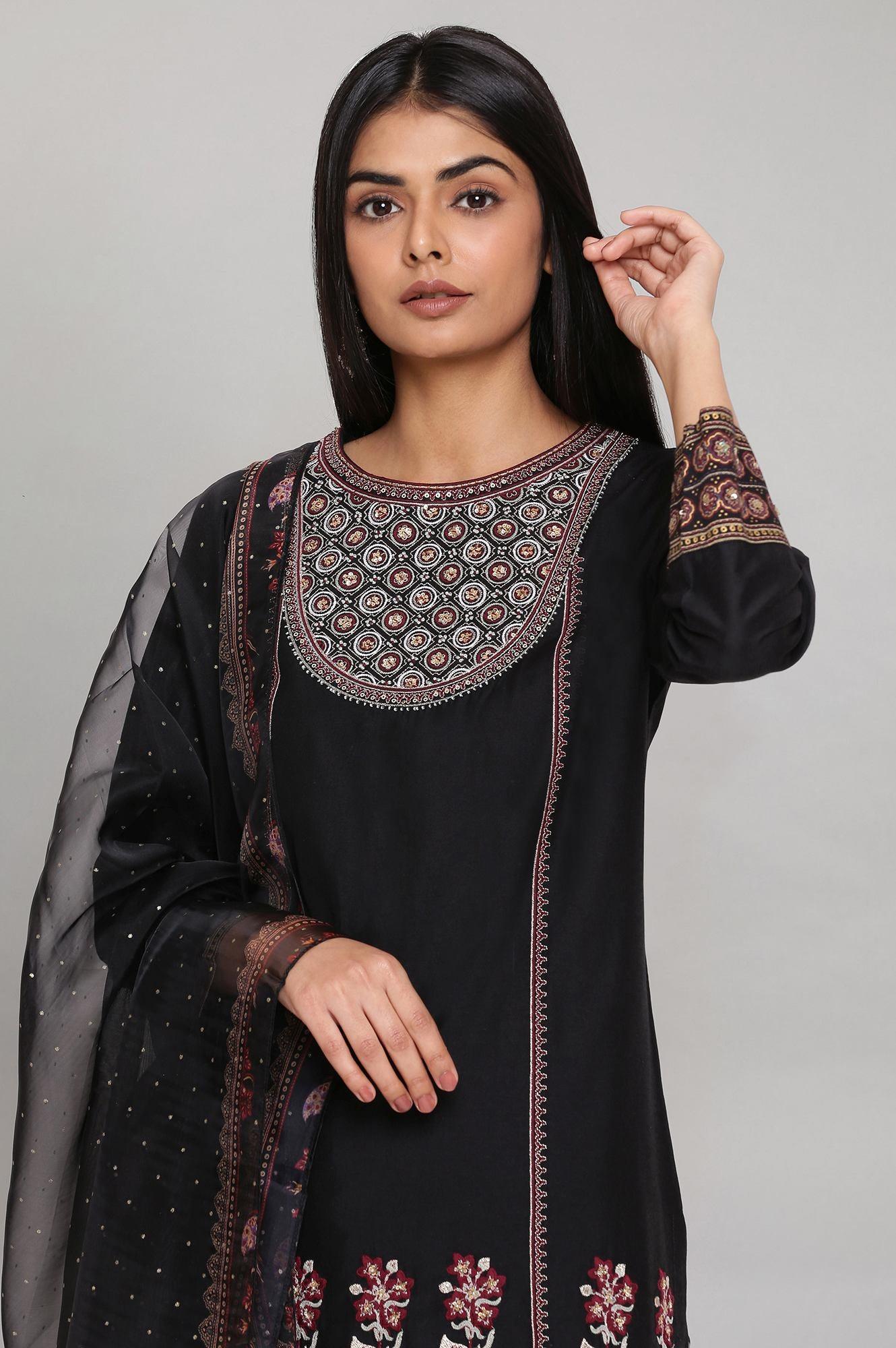 Black Short kurta Parallel Pants Dupatta Set - wforwoman
